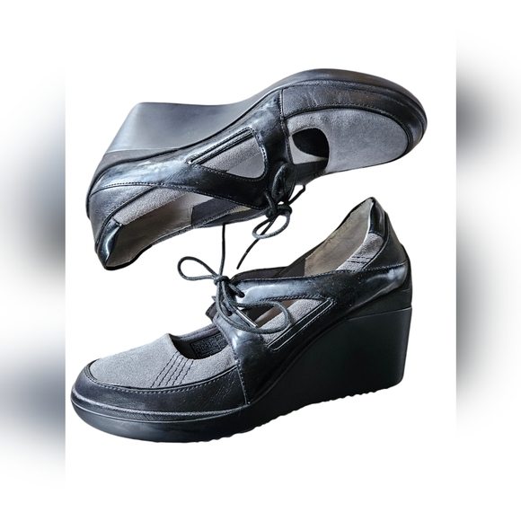 Tsubo suede patent leather Mary Jane wedge sz 8 black grey fall buisness casual - Picture 3 of 7